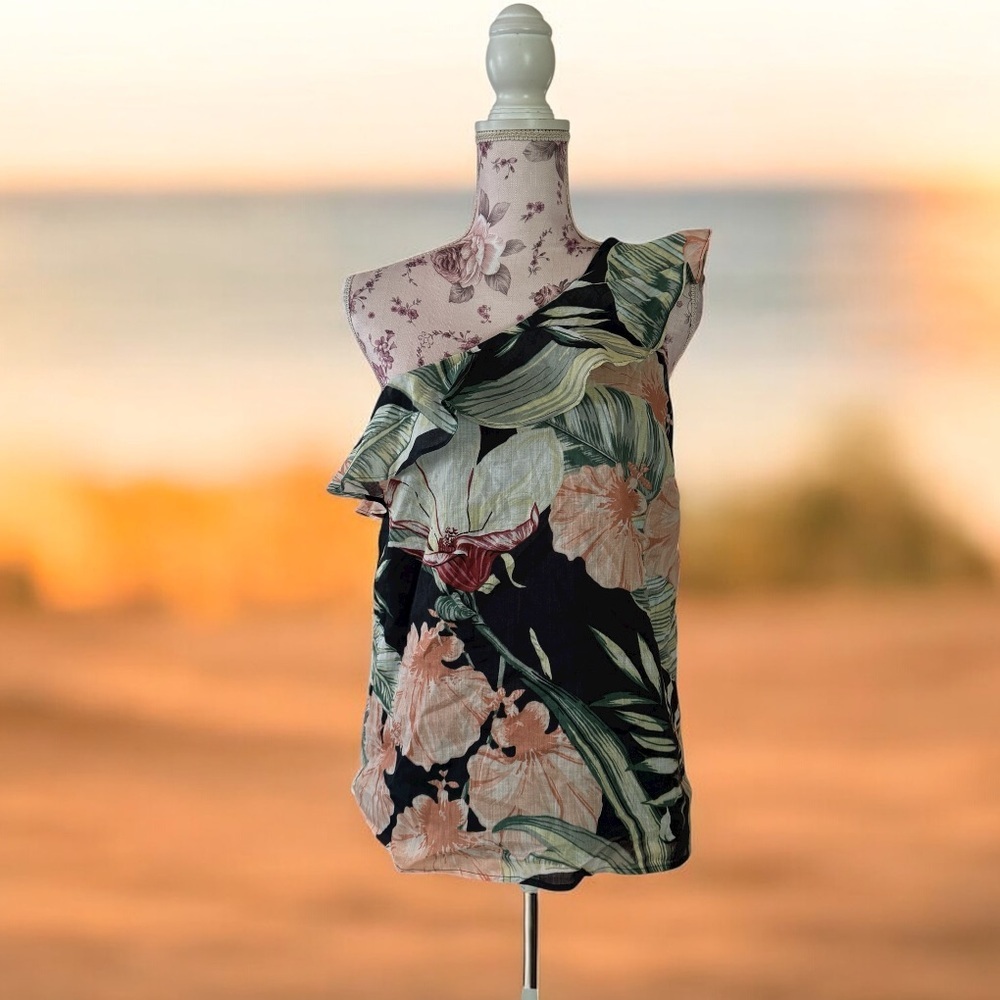 Ann Taylor Tropical Floral One Shoulder Blouse